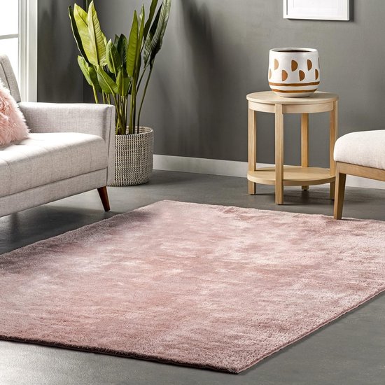 Tapis Solid uni à poils longs et lavable Flycarpets - Rose - 80x150 cm