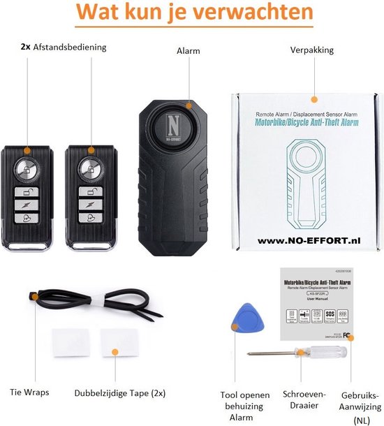Inhoud van de verpakking: 2 afstandsbedieningen, alarm, verpakking, tie wraps, dubbelzijdige tape, tool, schroevendraaier en gebruiksaanwijzing.