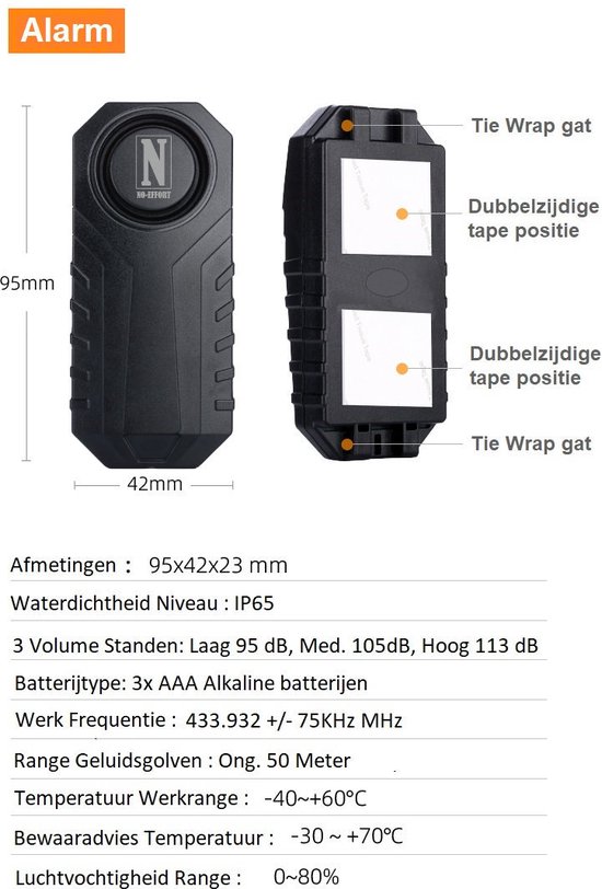 Zwart anti-diefstal alarm, 95x42mm, met achterkant die tie wrap gaten en dubbelzijdige tape posities toont.
