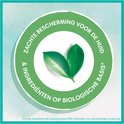 Cercle vert avec des feuilles et le texte 'Protection douce pour la peau & ingrédients d'origine biologique'.