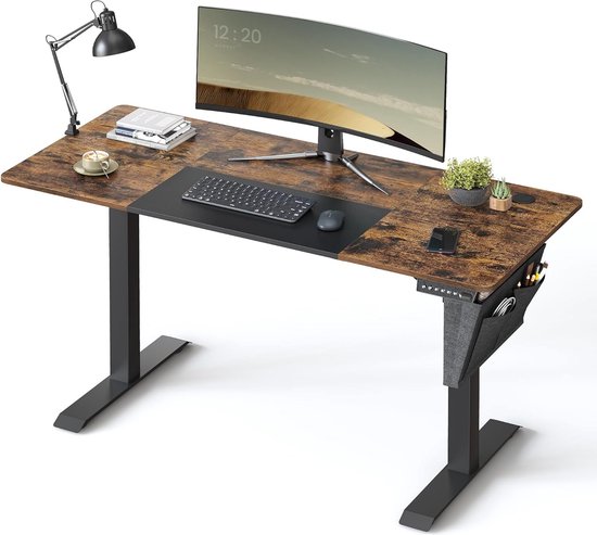 In hoogte verstelbaar bureau elektrisch, 60 x 140 x (72-120) cm, traploos verstelbaar, gesplitste plaat, geheugenfunctie met 4 hoogtes, oprijbeveiliging, vintabruin-zwart