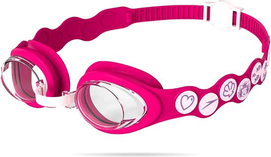 Roze zwembril met verstelbare hoofdband en decoratieve cirkels met hartjes en zeedieren.