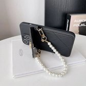 3D Luxe Metalen Kaart Tas Hoes Portemonnee Parel Band Houder Schouder Tas Telefoon Hoesje Voor IPhone 15 Pro MAX Nieuwe Mode Zwart