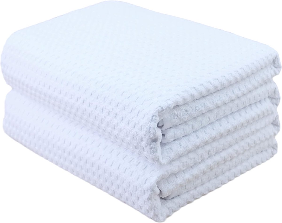 Microvezel badhanddoek - pluisvrij & sneldrogend - wafelstructuur - zeer groot - wit - 152 x 76 cm - 2 stuks