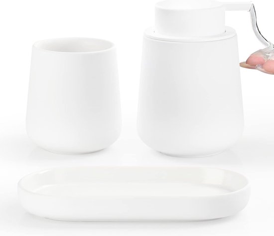 UMLACA Badkamerset, zwart, keramiek, 4-delig, bevat 350 ml zeepdispenser, tandenborstelbeker, zeepbakje, wattenstaafjeshouder, elegante badkamerdecoratie
