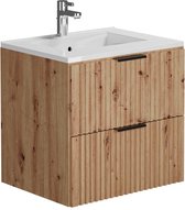 Meuble vasque suspendu nervuré avec vasque intégrée - Aspect bois clair - 60 cm - ZEVARA L 60 cm x H 57 cm x P 46 cm