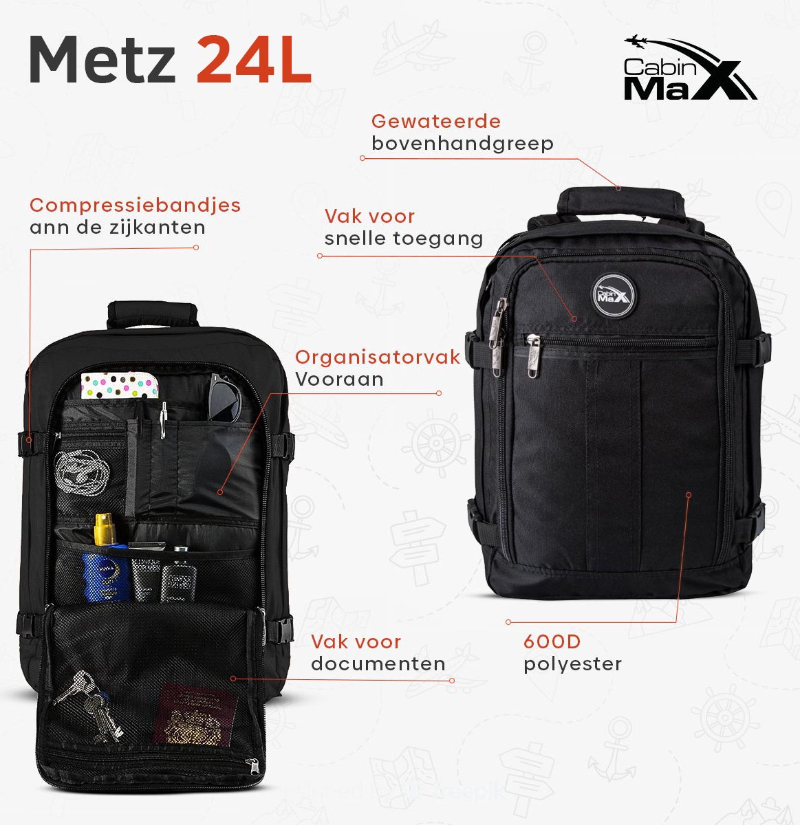CabinMax Metz Reistas – Handbagage 24L Ryanair / Wizz Air – Rugzak Transavia – Schooltas - 40x30x20 cm – Compact Backpack – Lichtgewicht – Zwart – foto 3