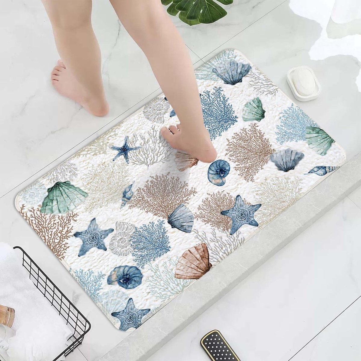 Nautische badmatten, 50x80cm Oceaan Zeester Coralline Badkamermatten Antislip Marineblauw Strand Badkamermatten Extra Zachte Microvezel Badkamermatten voor