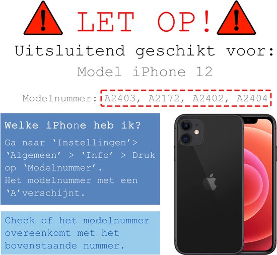Informatiegrafiek over compatibiliteit met iPhone 12, inclusief modelnummers en instructies om het model te vinden.