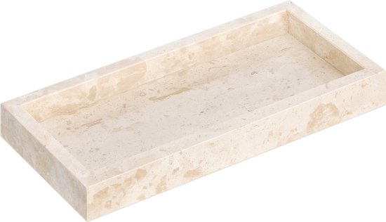 Navaris travertin decoratief natuurstenen dienblad - Kaarsenplateau rechthoek - 25 x 12 cm - Schaal voor badkamer accessoires - Stenen plateau - Beige