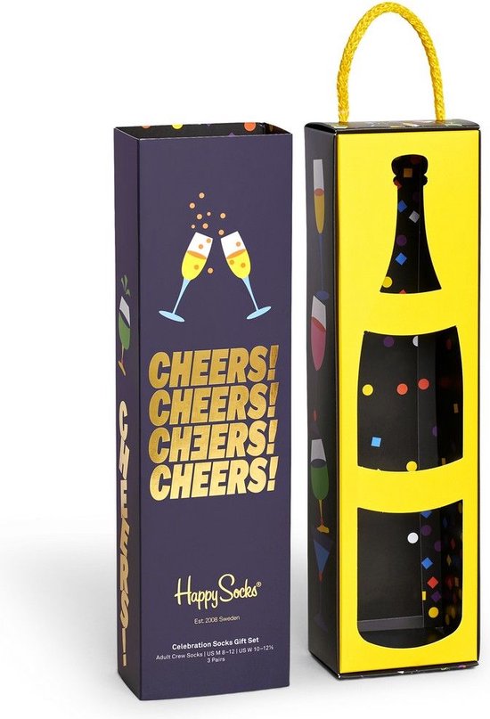 Geschenkdoos voor Happy Socks, met aan de ene kant 'Cheers!' op donkerblauw en aan de andere kant een gele flesvormige uitsparing met zicht op de sokken.