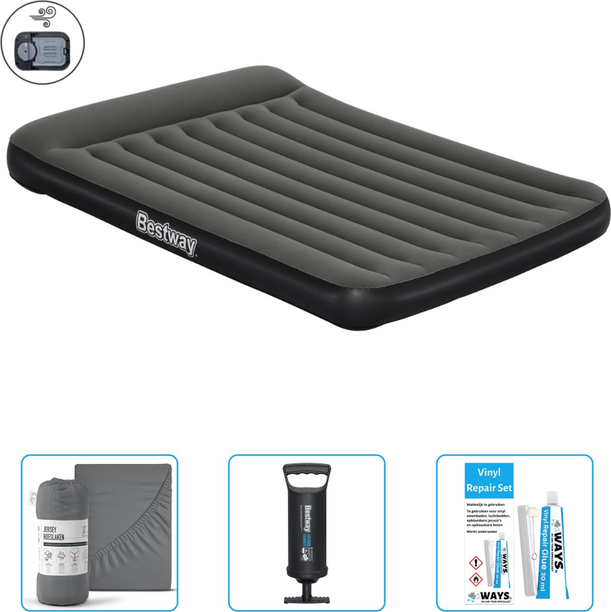 Bestway luchtbed - 2-Persoons - 152 x 203 x 30 cm - Groen - Inclusief pomp - Hoeslaken - Pomp en Reparatieset