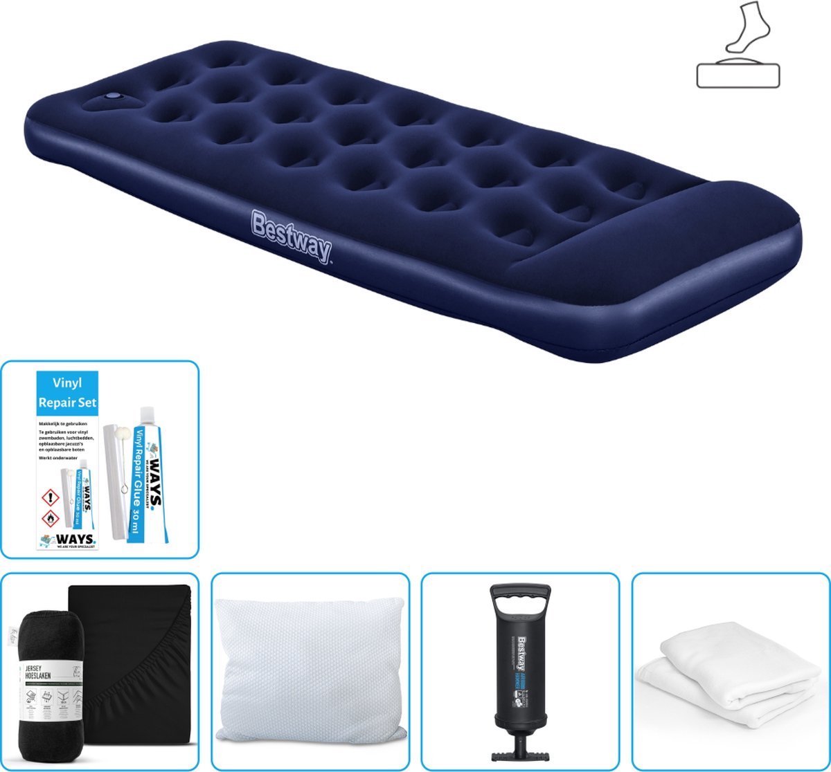 Bestway luchtbed - 1-Persoons - 76 x 185 x 28 cm - Blauw - Inclusief pomp - Hoeslaken - Kussen - Kussenbeschermer - Pomp en Reparatieset