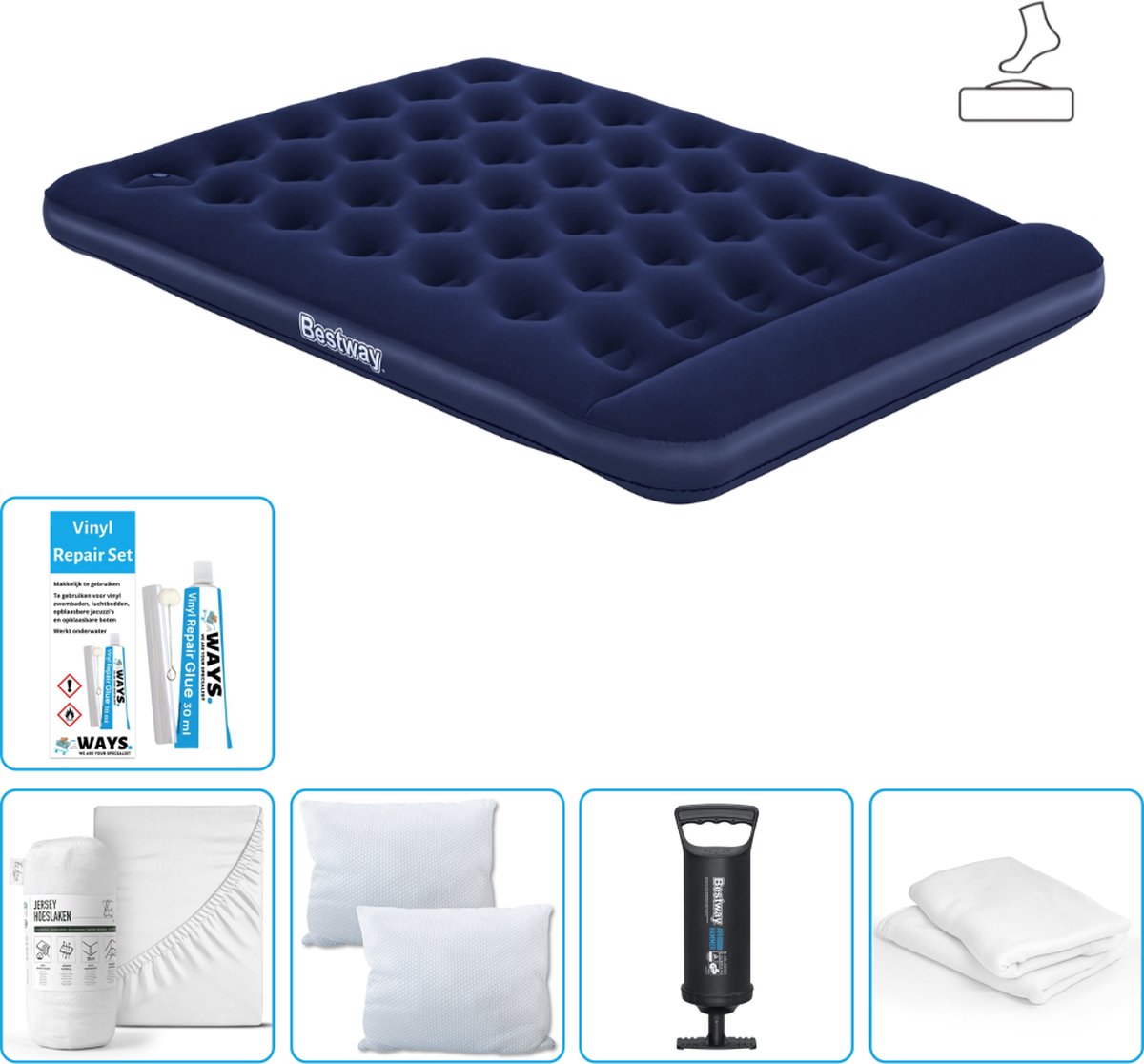 Bestway luchtbed - 2-Persoons - 152 x 203 x 28 cm - Blauw - Inclusief pomp - Hoeslaken - Kussen - Kussenbeschermer - Pomp en Reparatieset