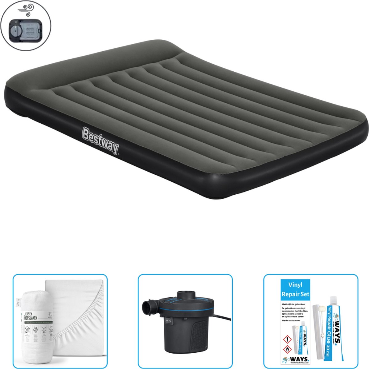 Bestway luchtbed - 2-Persoons - 152 x 203 x 30 cm - Groen - Inclusief pomp - Hoeslaken - Pomp en Reparatieset