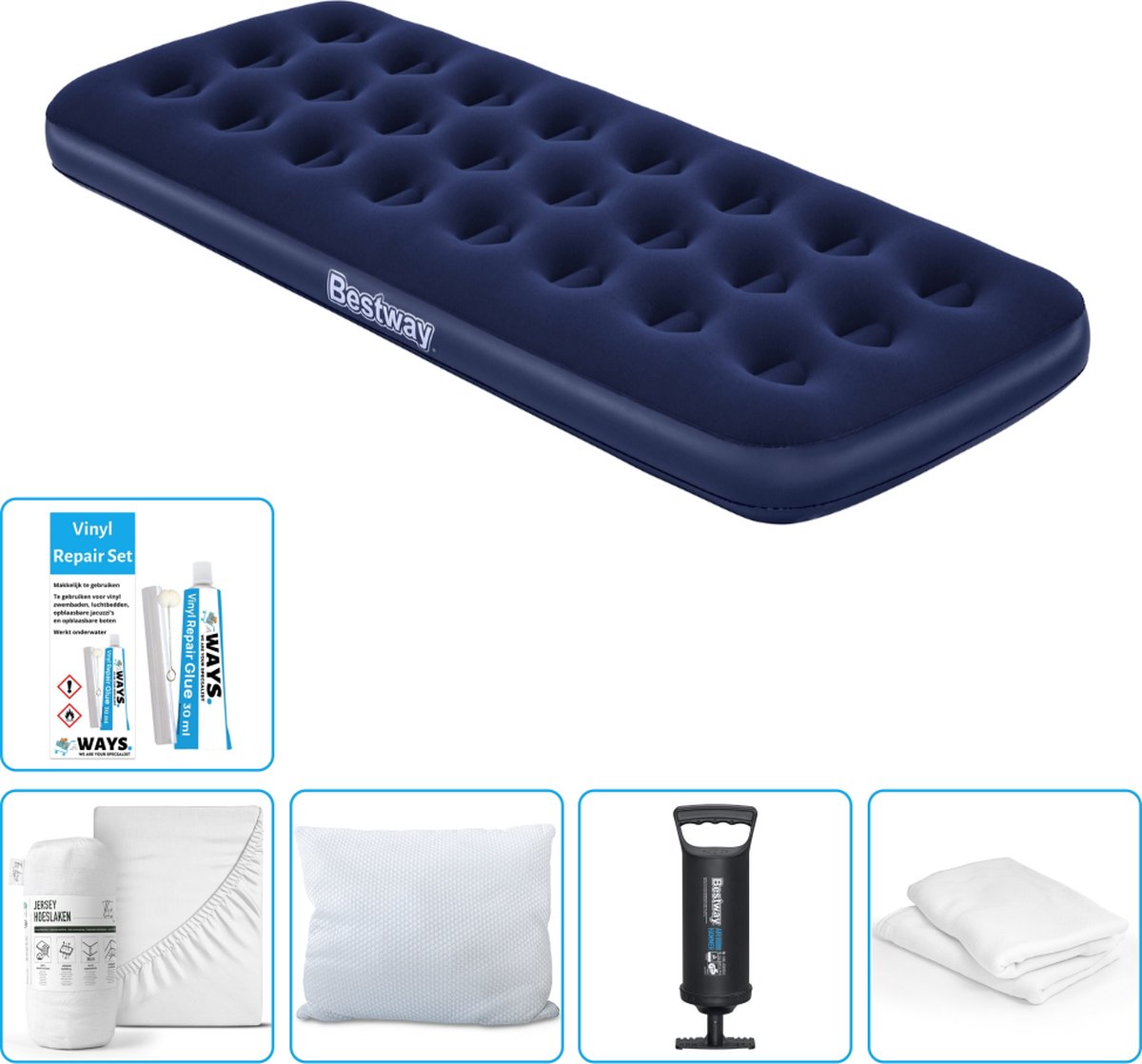 Bestway luchtbed - 1-Persoons - 76 x 185 x 22 cm - Blauw - Inclusief Hoeslaken - Kussen - Kussenbeschermer - Pomp en Reparatieset