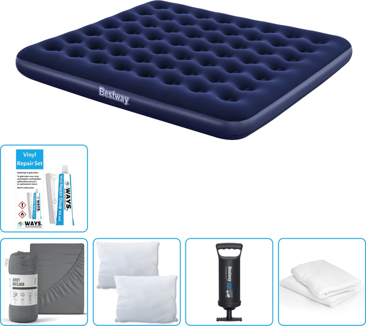 Bestway luchtbed - 2-Persoons - 183 x 203 x 22 cm - Blauw - Inclusief Hoeslaken - Kussen - Kussenbeschermer - Pomp en Reparatieset