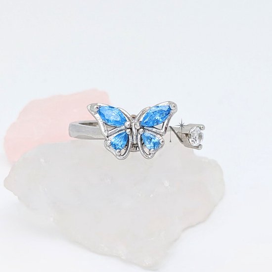 Fidget Ring Butterfly Blauw - Ring Butterfly en Crystal - Bague Ring - Bague Stress - Ring Spinner - Ring Ring - Bague Ring - Ring Femme Argent - Luminora Wellness Juwelier