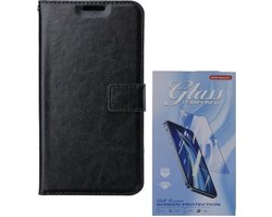 Bookcase Geschikt voor: OnePlus 9 Pro - Zwart - portemonnee hoesje met 2 stuk Glas Screen protector