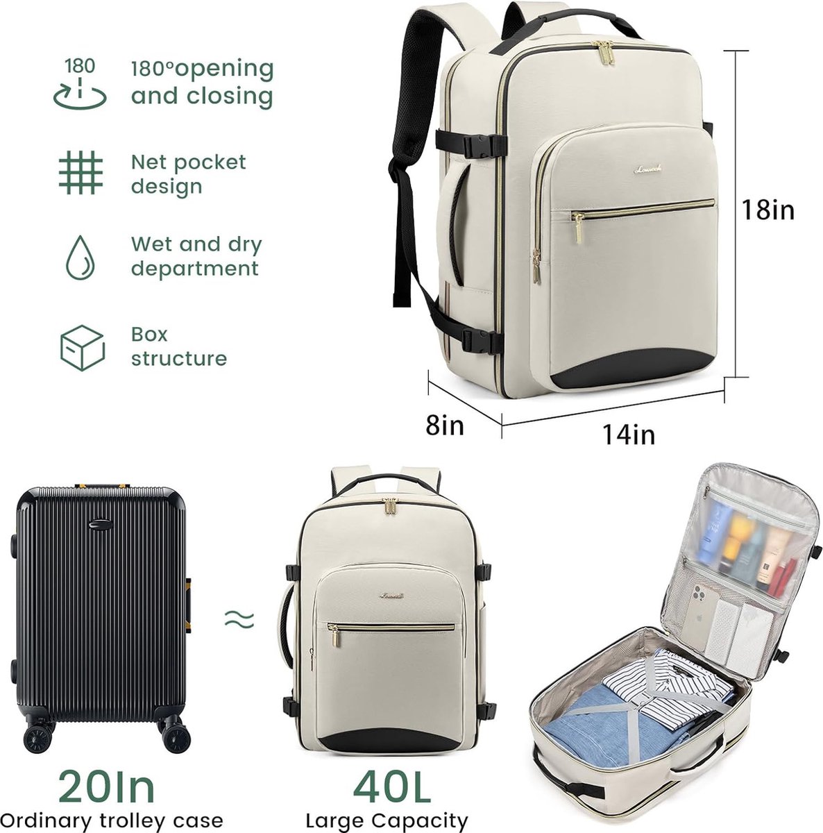 Lumesner Handbagage-rugzak, extra groot, 40 l, vliegtoegelaten
