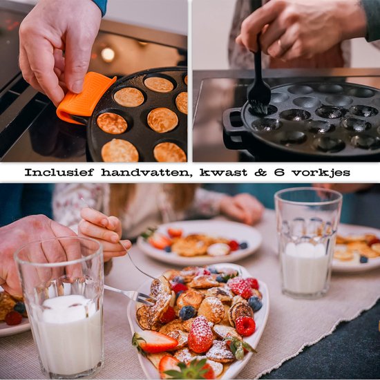 Collage van een poffertjespan, handen die poffertjes maken en een familie die aan tafel eet.
