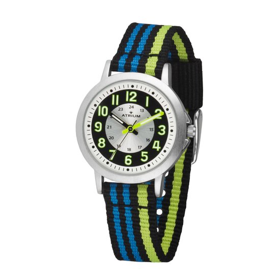 ATRIUM Horloge - Kinderen - Jongens - Zwart & Fel Blauw & Groen- Analoog - 3 Bar Waterdicht - Leercijferblad -Duidelijk - Nylonband (13-17,5 cm. polsomtrek) - Quartz Uurwerk - A50-13