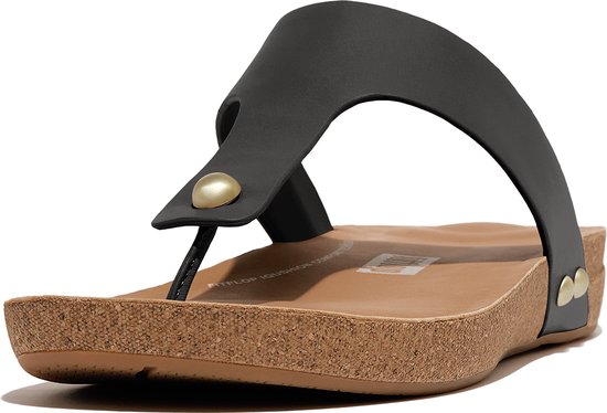 FitFlop Iqushion Leather Toe-Post Sandals ZWART - Maat 40