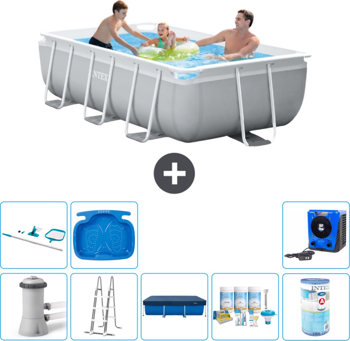 Intex Rechthoekig Prism Frame Zwembad – 300 x 175 x 80 cm – Grijs – Inclusief Pomp – Ladder Afdekzeil – Onderhoudspakket – Filter – Schoonmaakset – Voetenbad – Warmtepomp