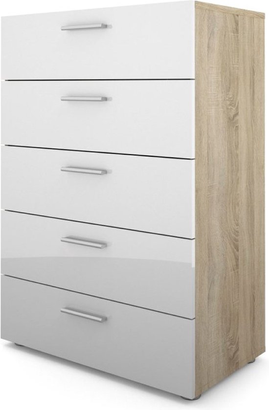 Petra kommode 5 lades eiken decor en wit hoogglans.