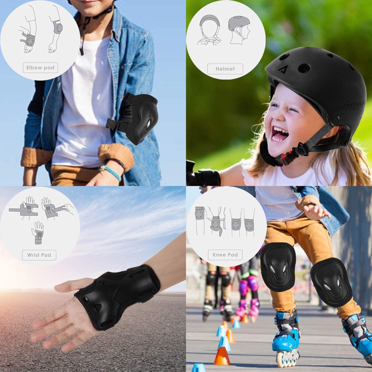 YueWan Lot 7 Protections Enfants Avec Casque – Genouillères, Coudières, Protège-Poignets Pour Vélo Et Patins, 50-54 Cm