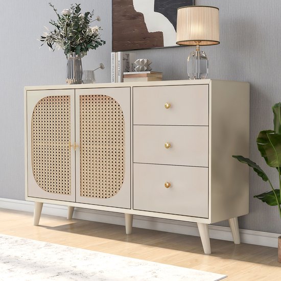 Sweiko Woonkamer ladekast, opbergkast, zijpaneel, TV tafel, met deuren en lades, met grote opbergruimte, beige, breedte 120 cm