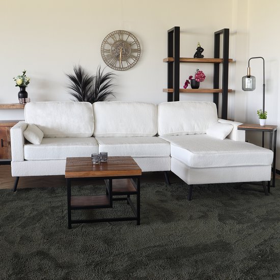 Canapé d'angle design Lizza 269 cm, canapé lounge en peluche blanc, canapé gauche et droit