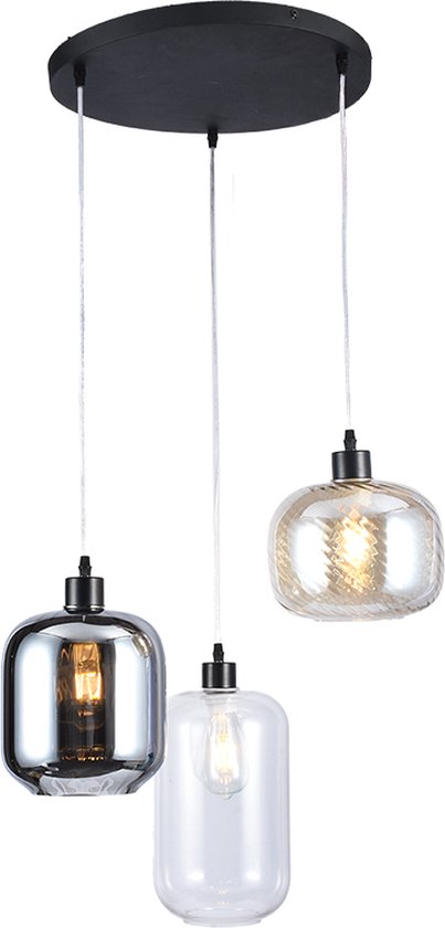 Olucia Mannus - Lampe suspendue Design - 3L - Glas/ Métal - Transparent; Zwart - Rond - 45 cm