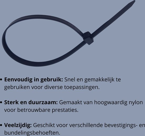 Zwarte kabelbinder, gemaakt van nylon. Eenvoudig, sterk en veelzijdig.