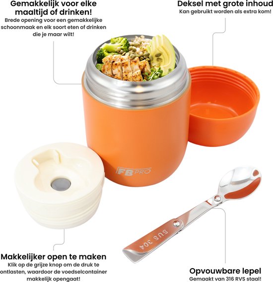 Oranje FB Pro voedselcontainer geopend, met kip en rijst erin, en een deksel en lepel ernaast.