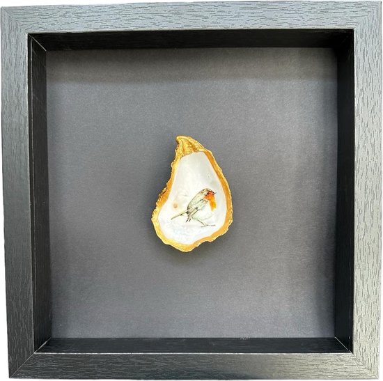 Mijn Pronkstuk - Gouden oester met roodborst - ingelijst - 25x25 cm - zwart achtergrond - Fotolijst - Goud