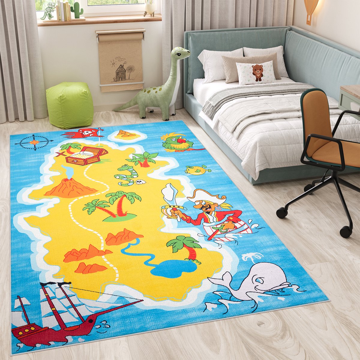 Tapiso Flannel Printed Kindertapijt Antislip Piraat Eiland Kinderkamer Vloerkleed Maat- 12