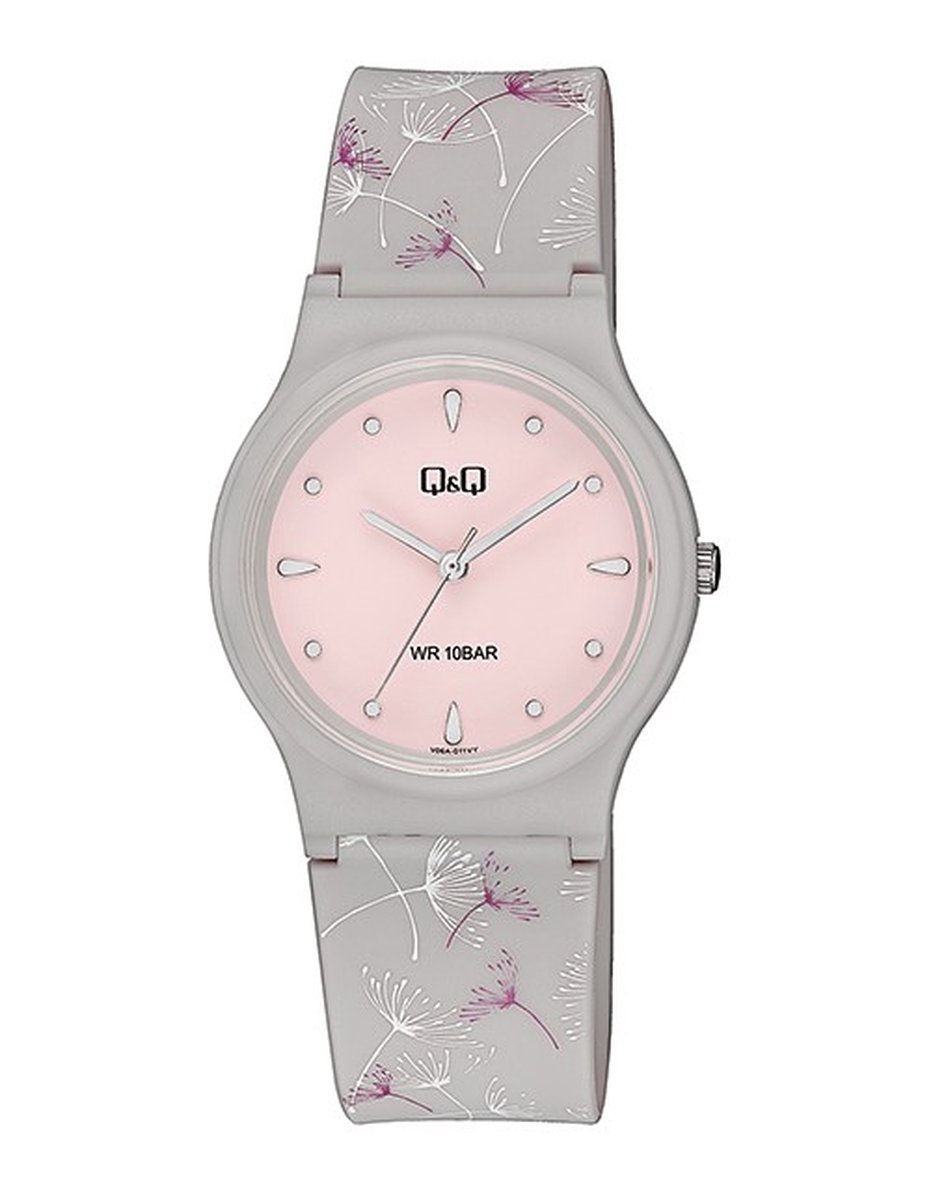 QQ V06A-011VY - Horloge - Sport - Analoog - Dames - Vrouwen - Plastic band - Rond - Kunststof - Stippen-Strepen - LichtGrijs - Roze - 10 ATM