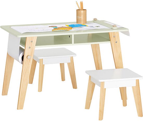 Foto: Rootz kinderactiviteitentafelset met 2 krukken studiebureau knutseltafel ruimtebesparend ontwerp duurzame constructie van mdf en grenen inclusief papierrolhouder 80 cm x 50 cm x 48 cm