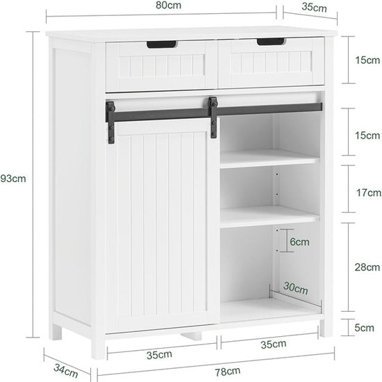 Modern dressoir met 3 deuren, verstelbare planken, MDF, metaal, wit