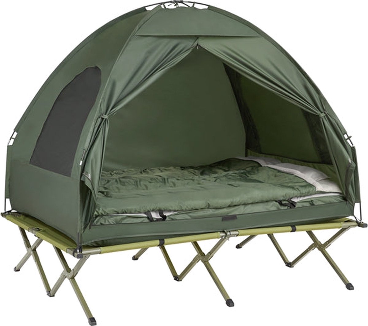 Alles-in-één campingset voor 2 personen - Pop-up tent - Kampeerbed - Campingligstoel - Waterdicht - Eenvoudige montage - Duurzaam Oxford Nylon - L193 x D145 x H188cm - Groen