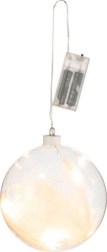 J-Line Bal Deco Pluimen+Led Lichtjes Glas Wit Large - 6 stuks