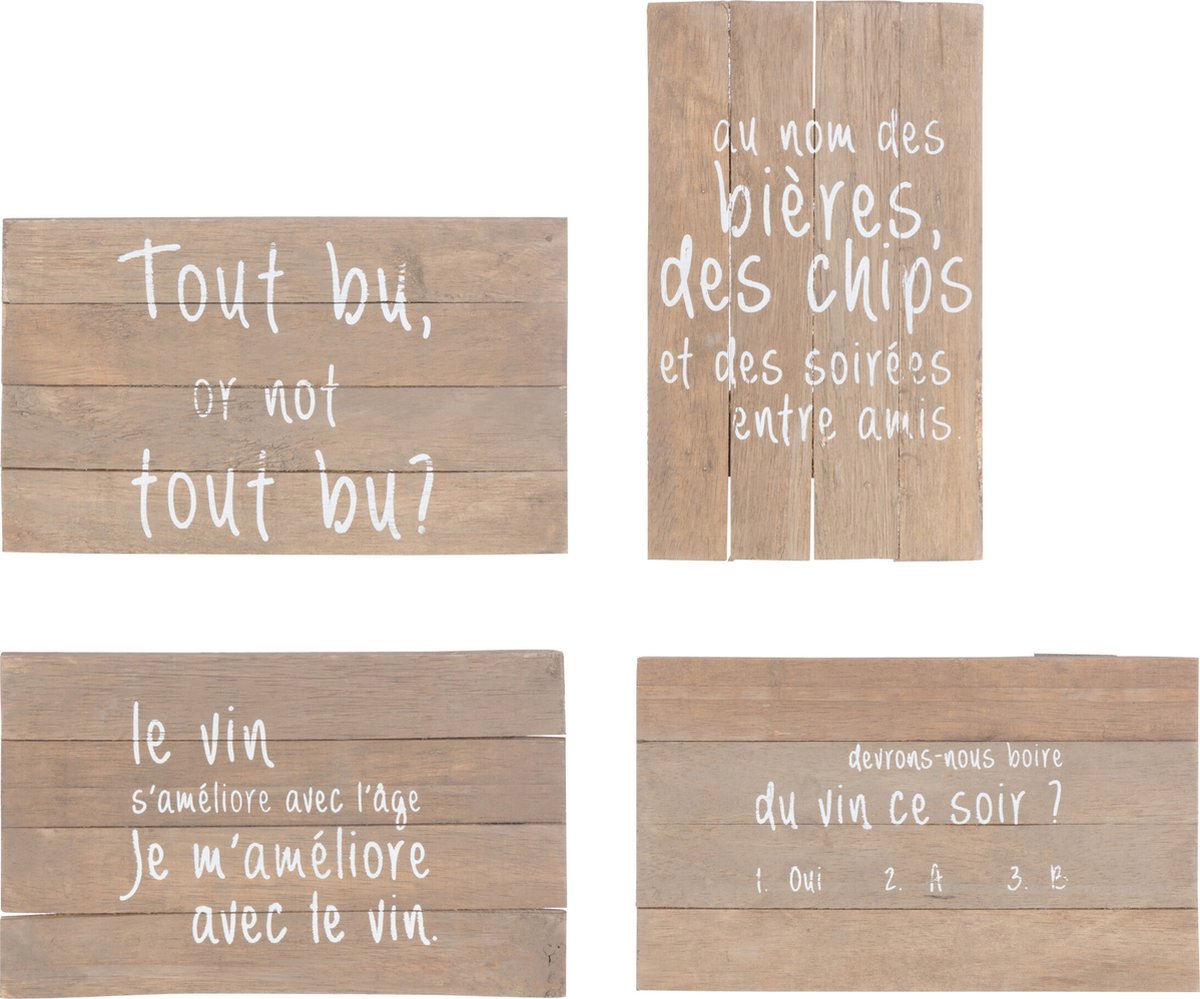 J-Line wanddecoratie Grappig Wijn - hout - naturel - 4 stuks