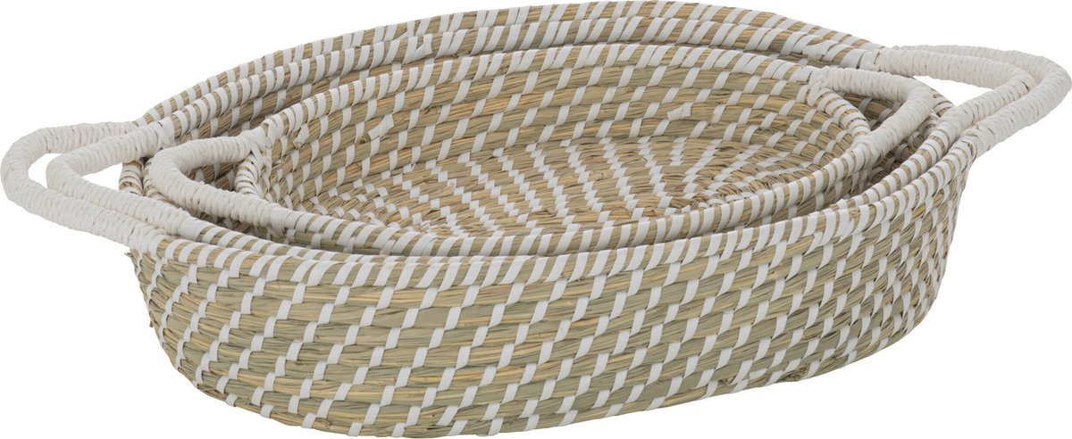 J-Line mand Ovaal Handvatten - jute - naturel/wit - 3 stuks