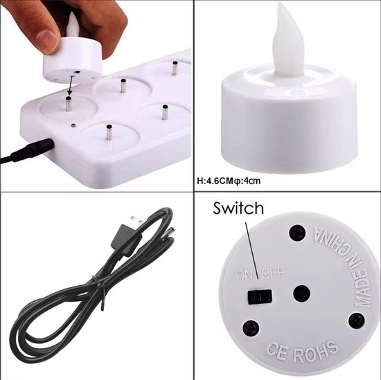 Demonstratie van het opladen van witte led waxinelichtjes, met USB-kabel en schakelaar.
