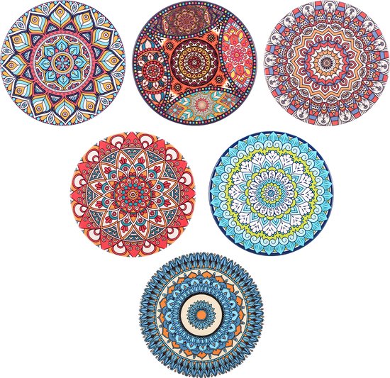 Behave Sous-verres pour Verres - Céramique - Motifs 3D - Design Mandala - Tabouret Fond Antidérapant - Multi couleur - Rond - 6 Pièces