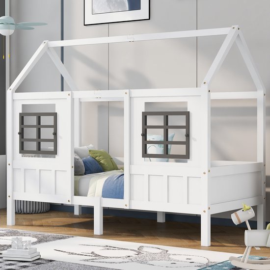 Sweiko Huisbed, Eenpersoonsbed, Kinderbed met 2-ramen, frame van dennen, MDF, Wit (90x200cm)