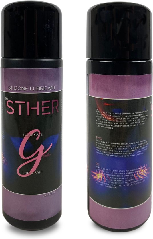 Twee flessen STHER Silicone Lubricant, één met label en één met informatie in het Nederlands, Engels en Duits.