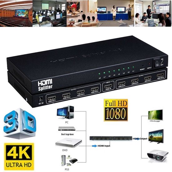 Foto: Hdmi splitter 8 poorts splitter hdmi switch repeater 3d 1080p 1 ingang 8 uitgang