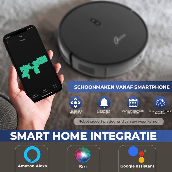 Zwarte robotstofzuiger met kaartweergave op smartphone, slimme huisintegratie.